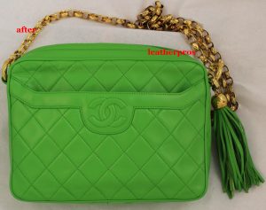 Refinishing Chanel Vintage Lime Green Handbag Leather Pros Refinishing Chanel Vintage Lime Green Handbag
